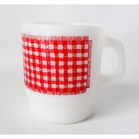 Vintage Fire King Milk Glass Mugs Red Gingham Stacking Milk Glass Fire King - Picture 6 of 6